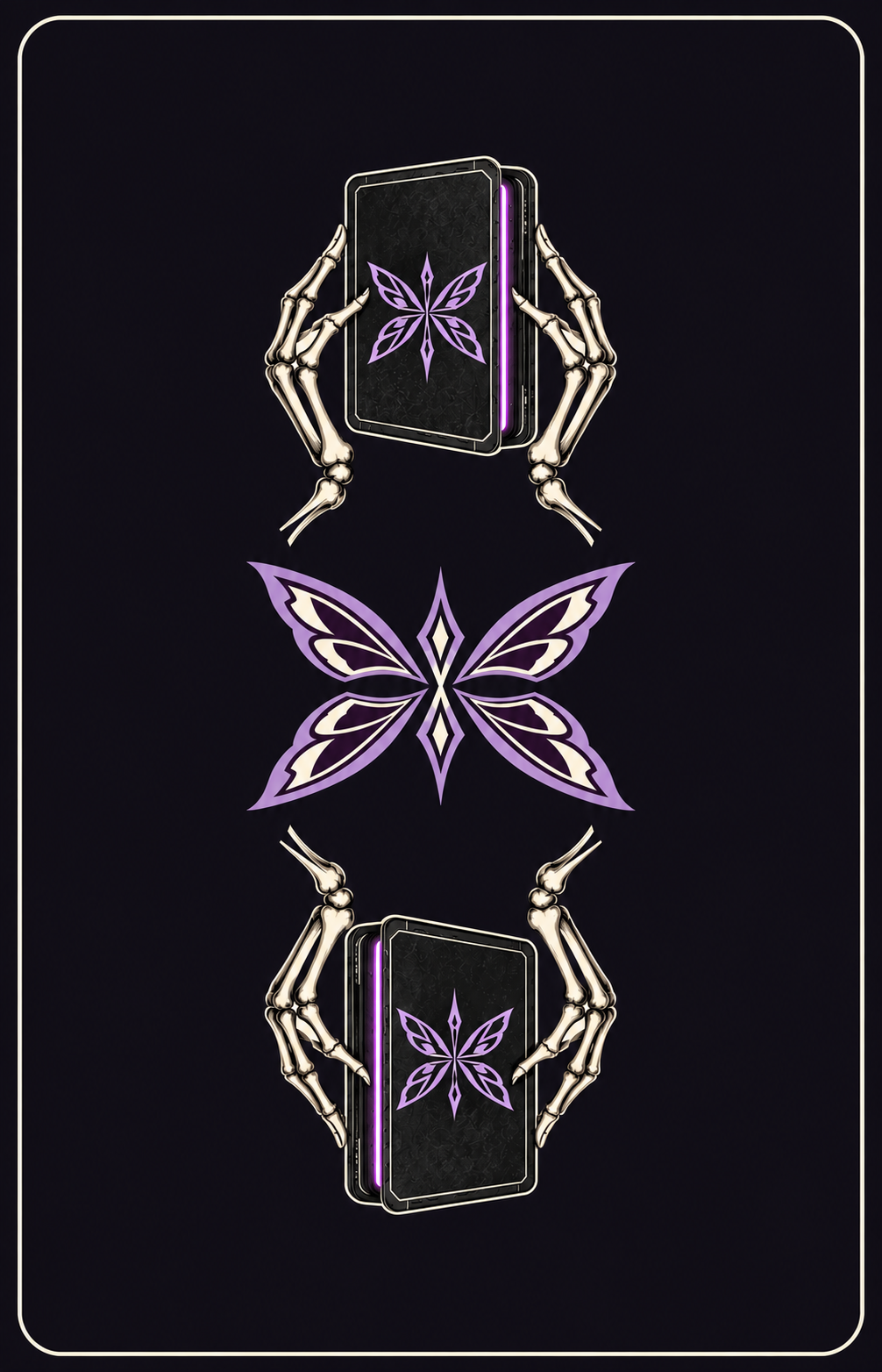 PIXIE deck-back concept with a violet-winged skeletal guardian and ornate book motif.