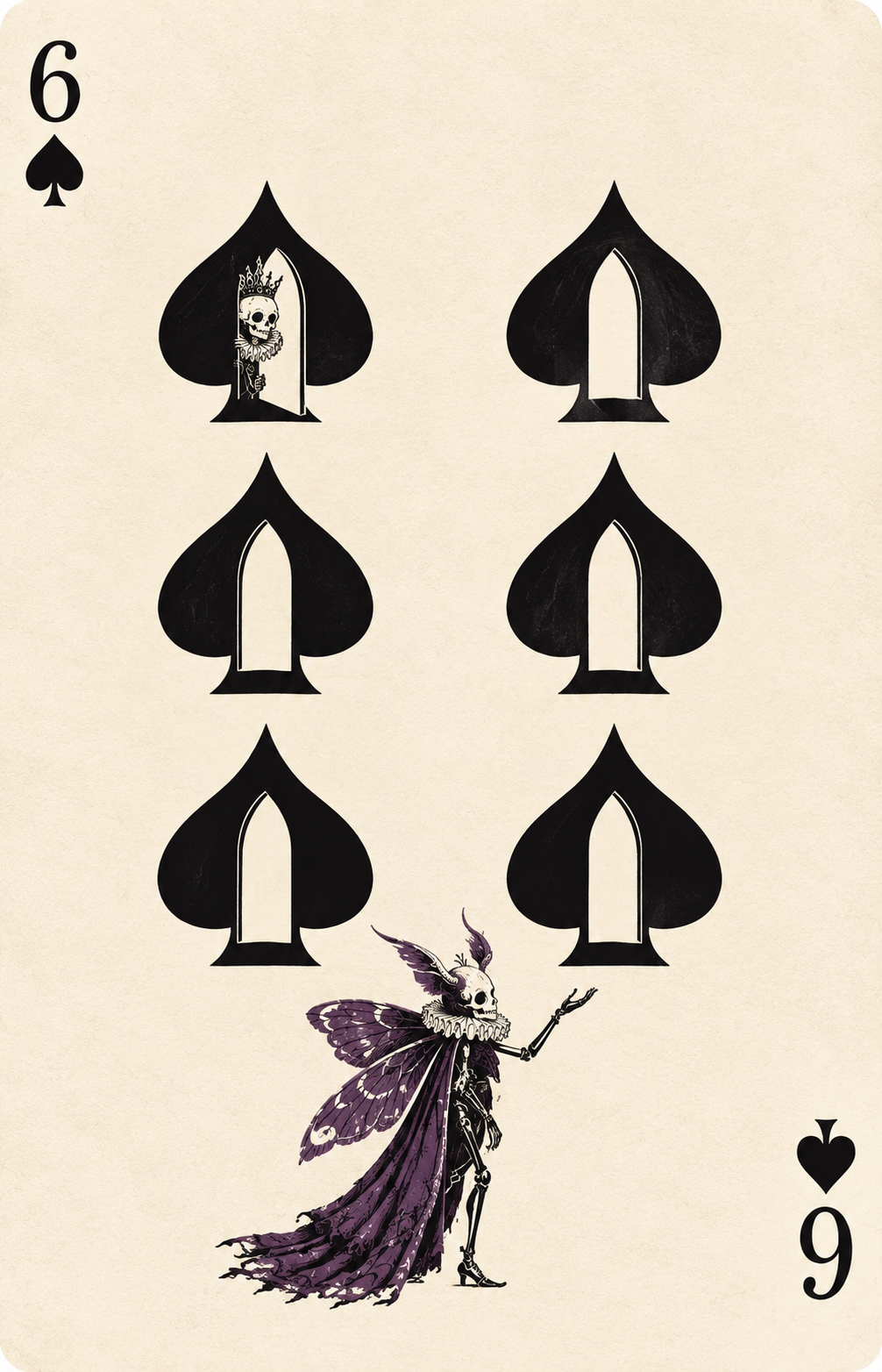 Existing PIXIE concept card with six spade doorways and a violet-winged skeletal guardian.