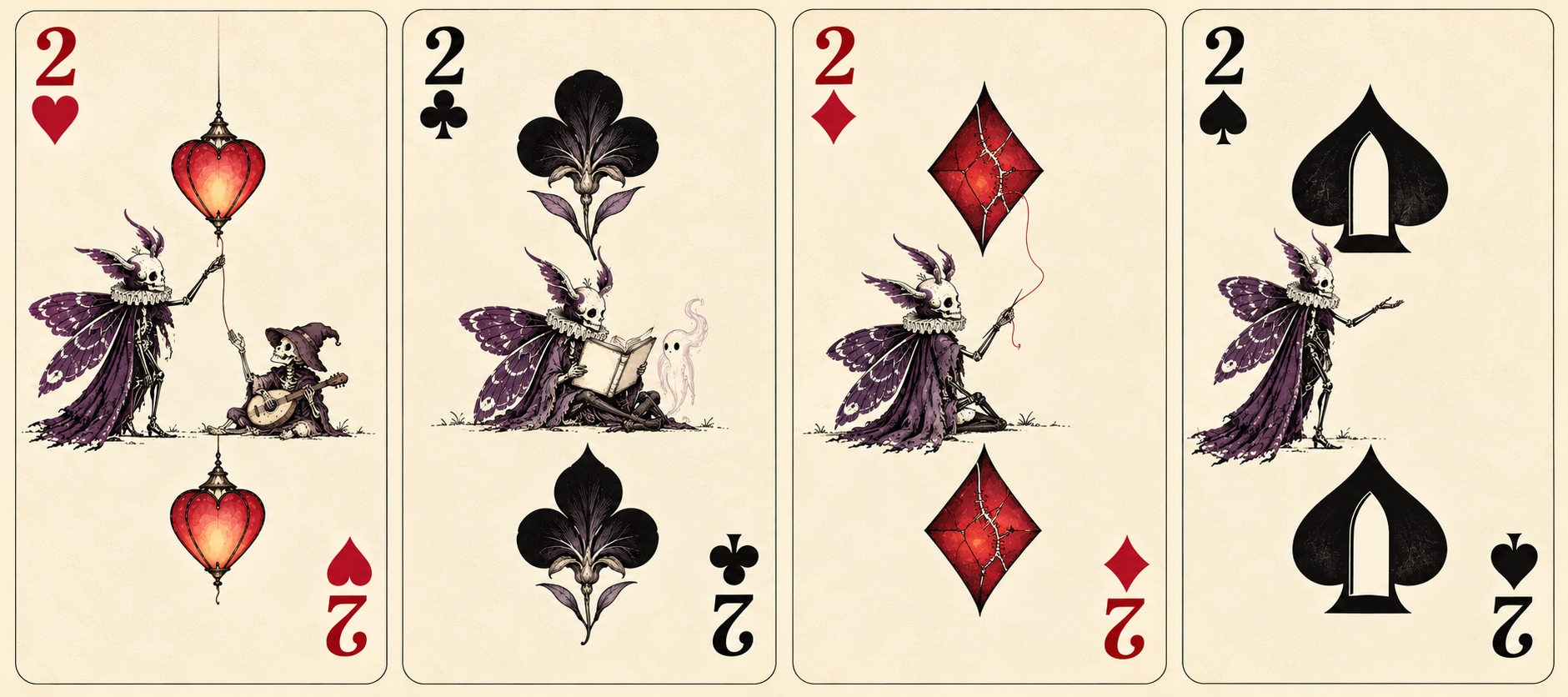 Four existing PIXIE card studies: a heart lantern, a club flower, a repaired diamond and a spade doorway.